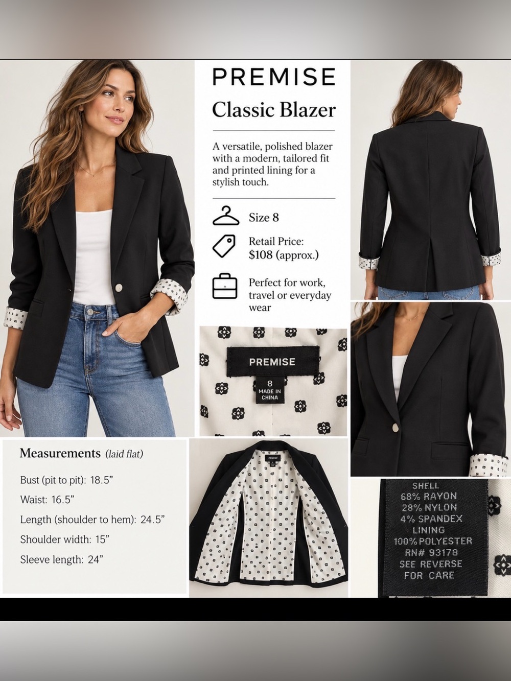 Premise Women’s Black Polished Blazer with Printed Lining, Size 8